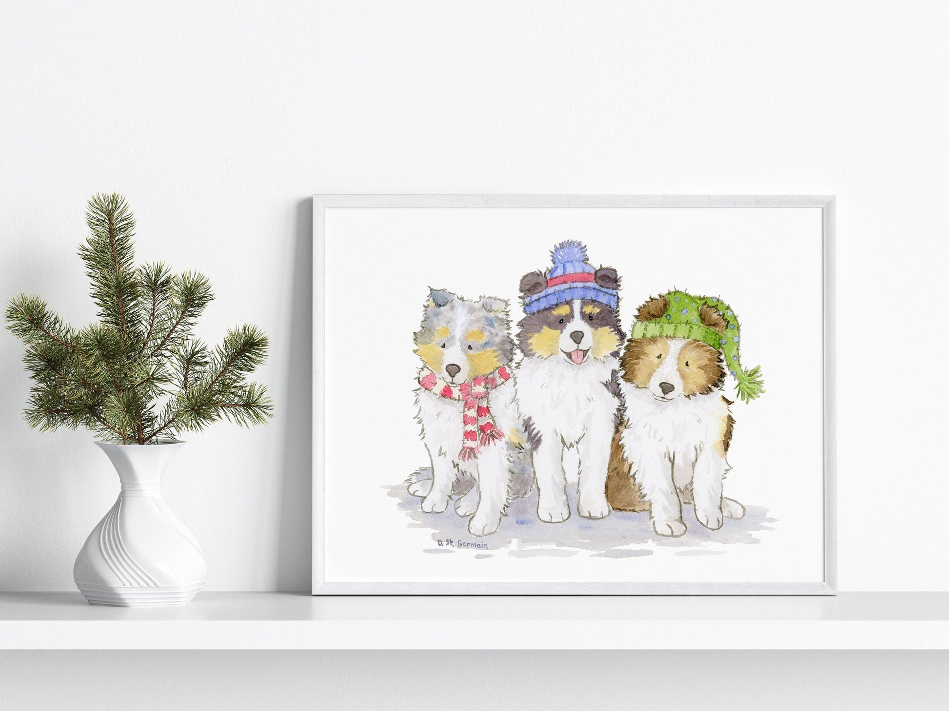 Sheltie Holiday Art Print, Shetland Sheepdog Gift