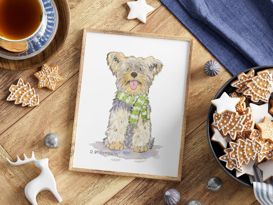 Yorkie Holiday Art Print, Yorkshire Terrier Gift