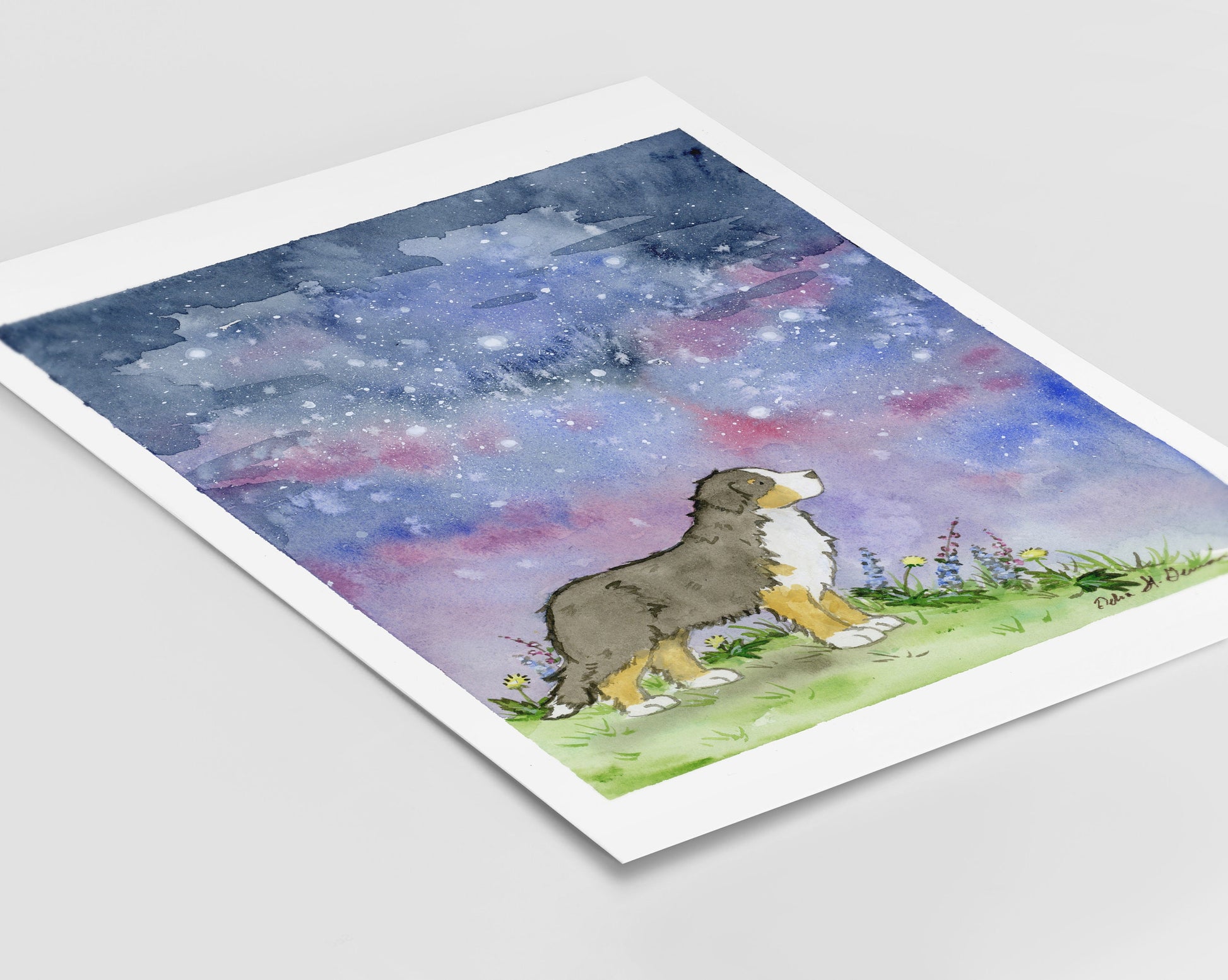 Bernese Mountain Dog Art, Bernese on a Starry Night, Watercolor Print, Bernese Gift