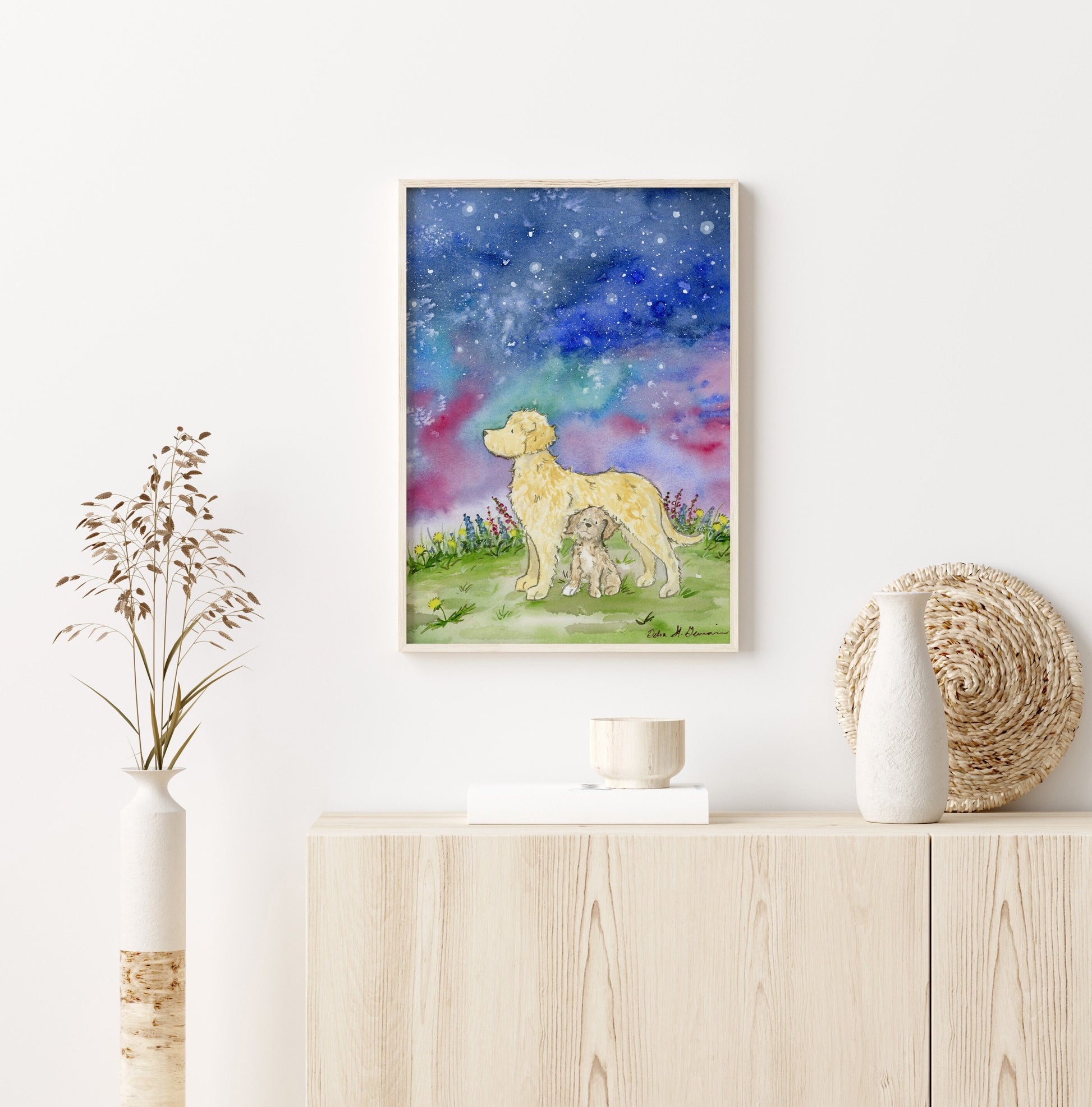 Labradoodle Art, Golden Doodle Art, Starry Night Watercolor Print, Dog Lover Gift