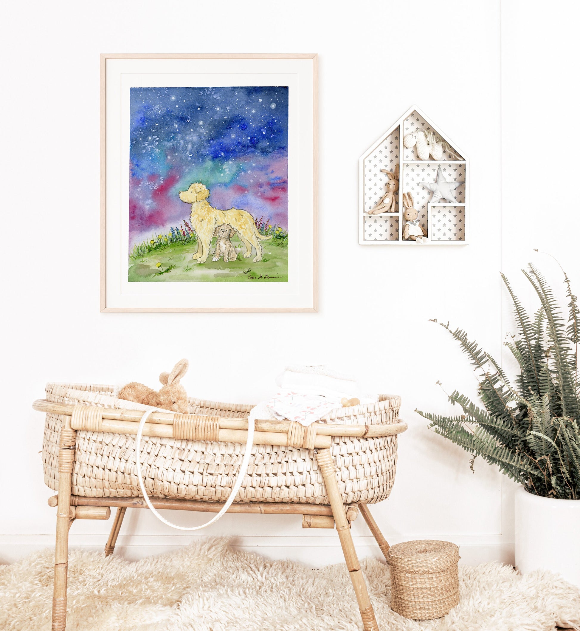 Labradoodle Art, Golden Doodle Art, Starry Night Watercolor Print, Dog Lover Gift