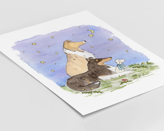 Collie Watercolor Print, Sable and Tricolor Collies, The Wishing Star 3, Collie Gift