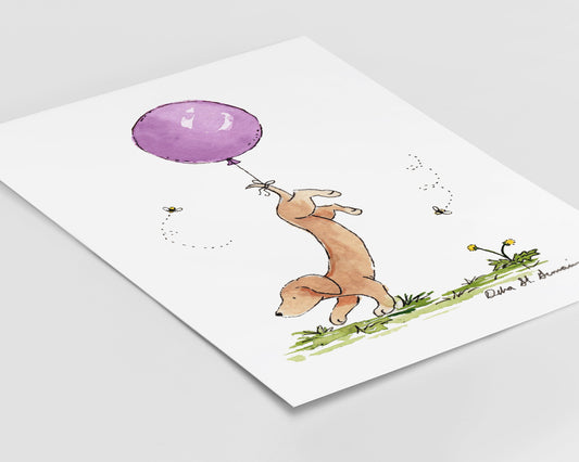 Dachshund Art Print, Dachshund with Purple Balloon