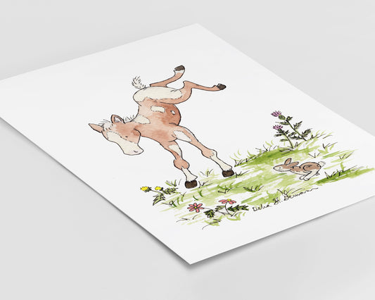 Watercolor Bucking Foal Print, Farm Nursery Art