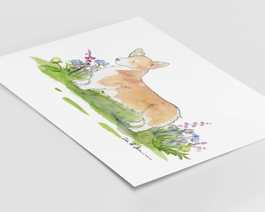 Welsh Corgi Art Print, Corgi and Wildflowers