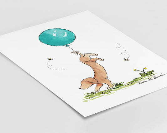 Cute Dachshund Art Print, Dachshund with Turquoise Balloon