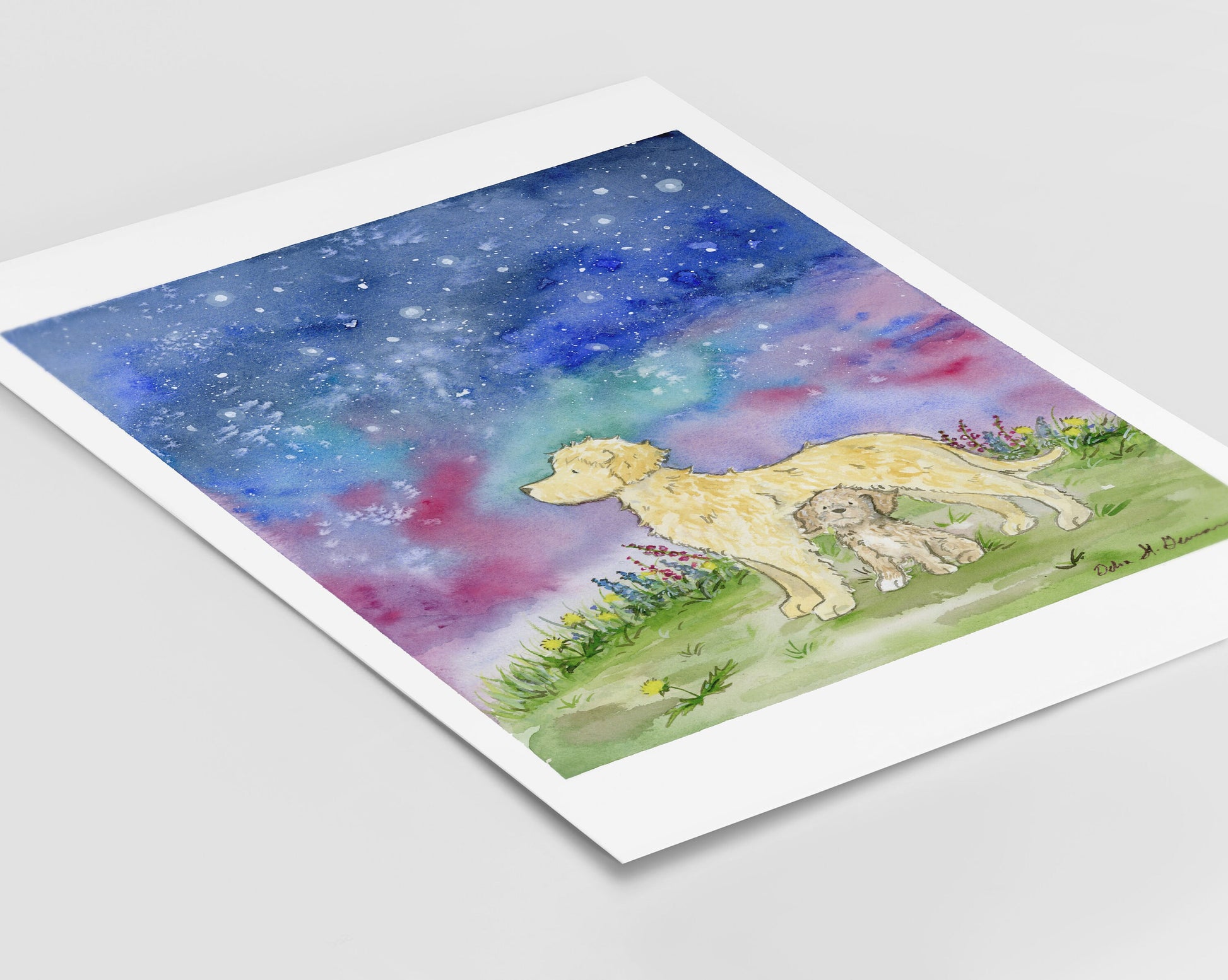 Labradoodle Art, Golden Doodle Art, Starry Night Watercolor Print, Dog Lover Gift