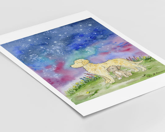 Labradoodle Art, Golden Doodle Art, Starry Night Watercolor Print, Dog Lover Gift