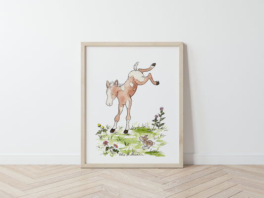 Watercolor Bucking Foal Print, Farm Nursery Art