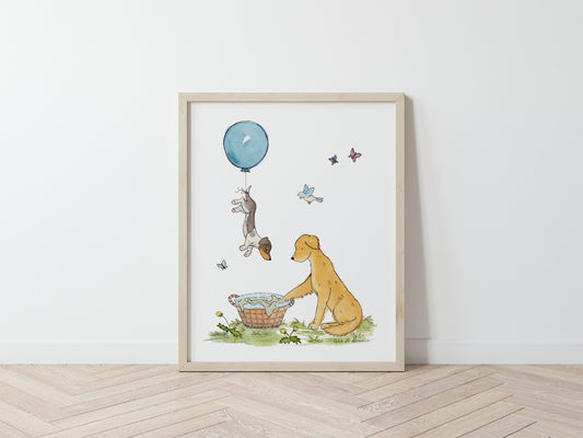 Puppy Nursery Art Print, Golden Retriever and Dachshund with Balloon