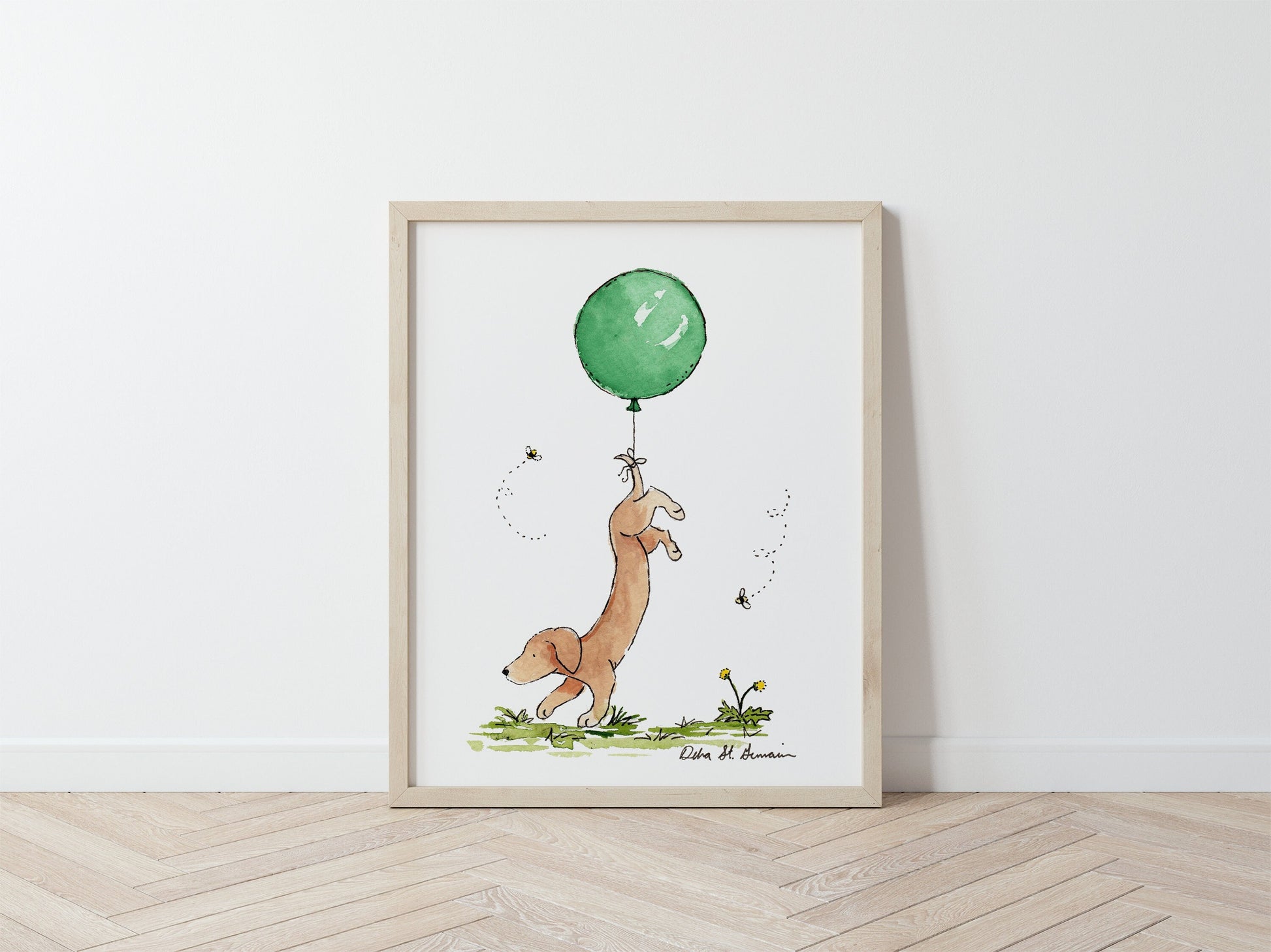 Dachshund With Green Balloon Watercolor Art Print
