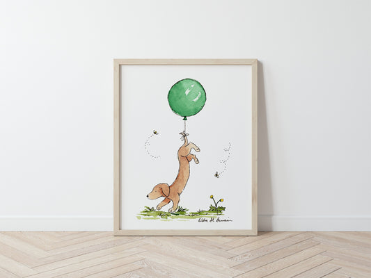 Dachshund With Green Balloon Watercolor Art Print