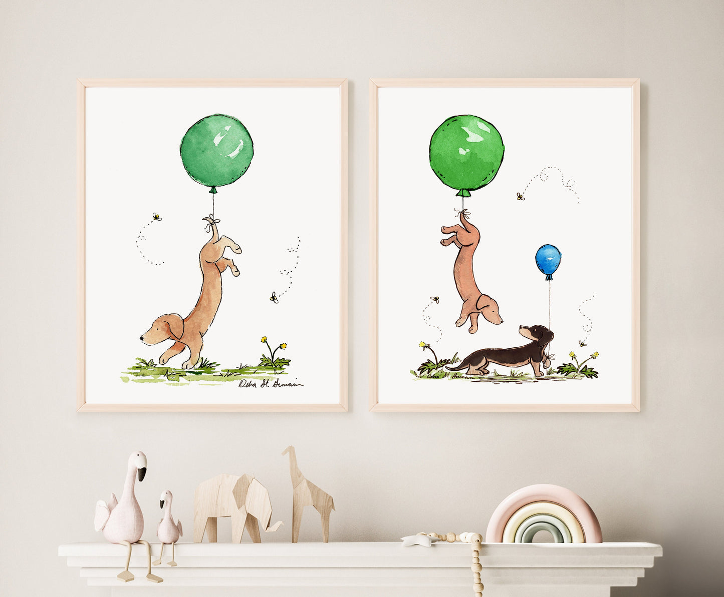 Dachshund with Green and Blue Balloons Watercolor Art Print