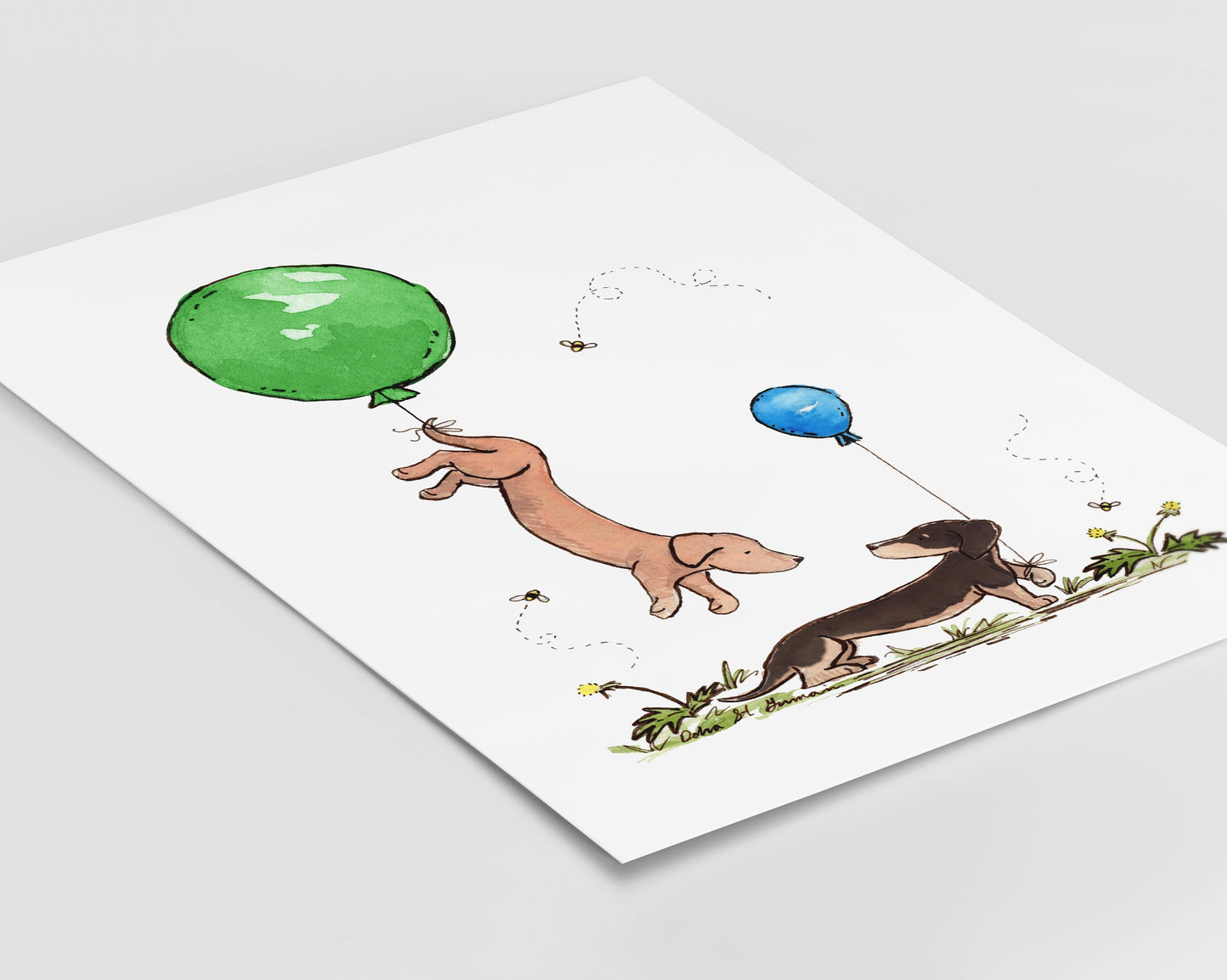 Dachshund with Green and Blue Balloons Watercolor Art Print
