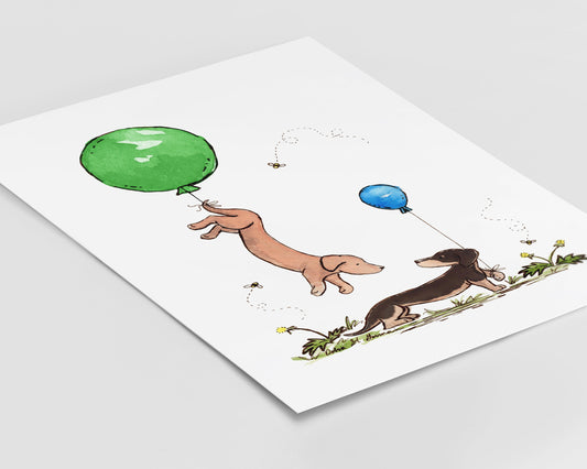 Dachshund with Green and Blue Balloons Watercolor Art Print