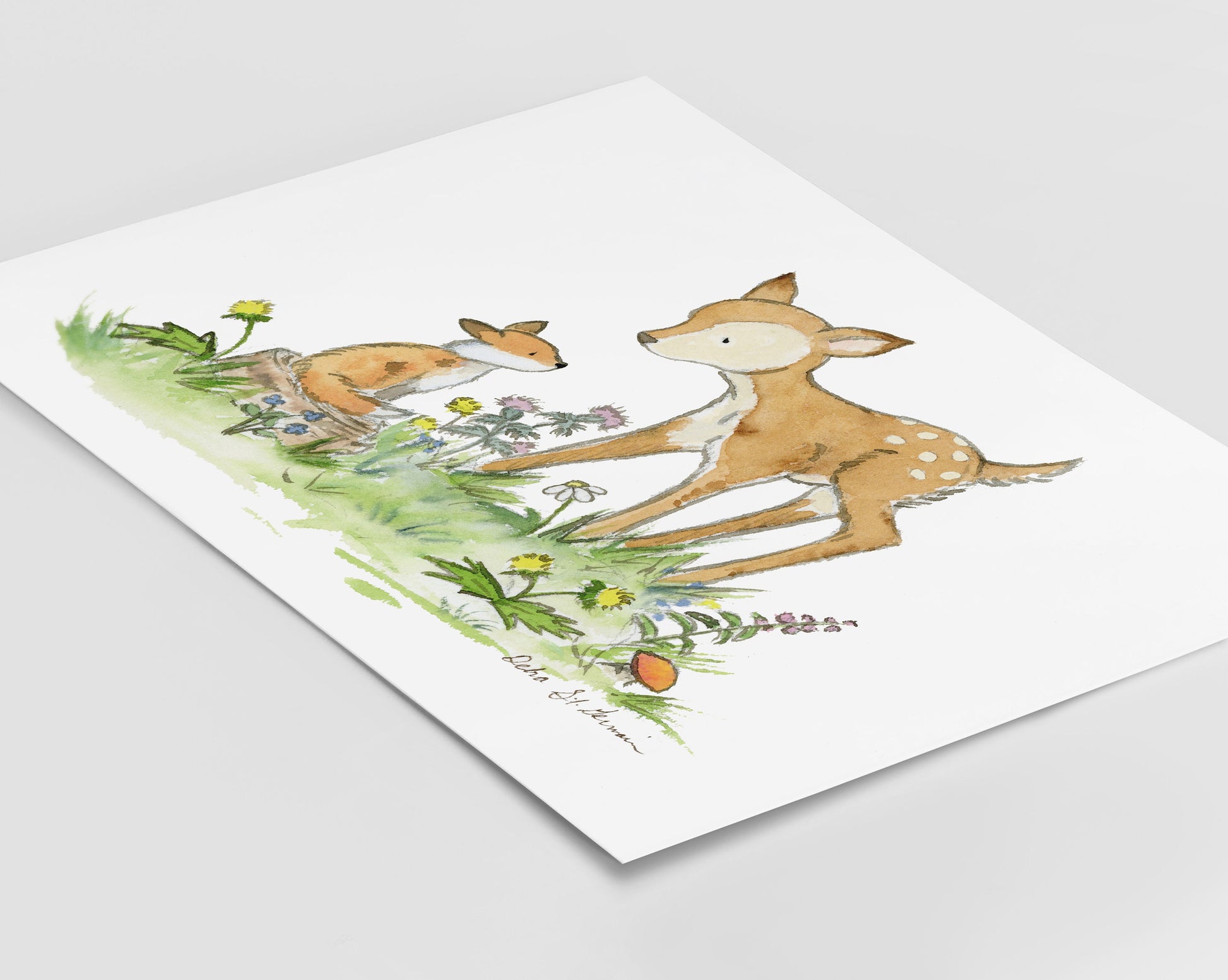 Woodland Nursery Art- Fawn and Fox Watercolor Print