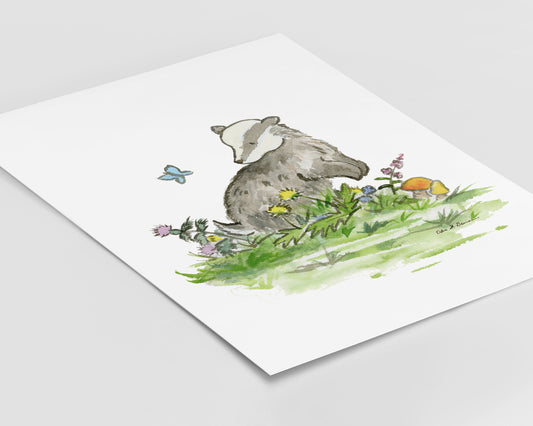Woodland Nursery Art, Badger Watercolor Print