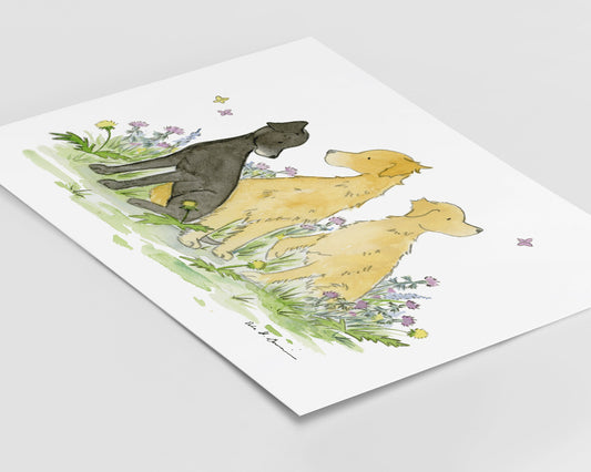 Golden Retriever and Black Lab Art Print, Art For Dog Lovers