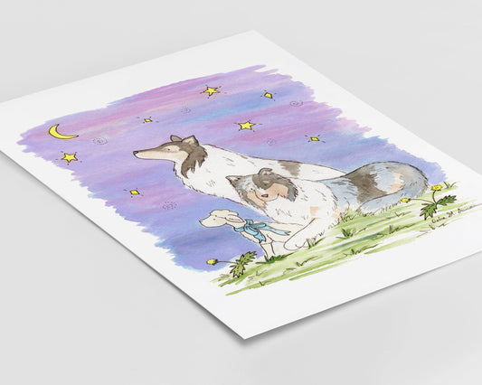 Collie Watercolor Art Print, Blue Merle Collies, The Wishing Star 2, Starry Sky Dog Art