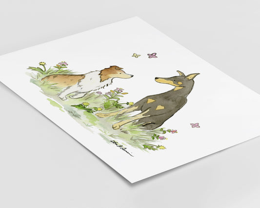 Shetland Sheepdog and Doberman Pinscher Watercolor Art Print