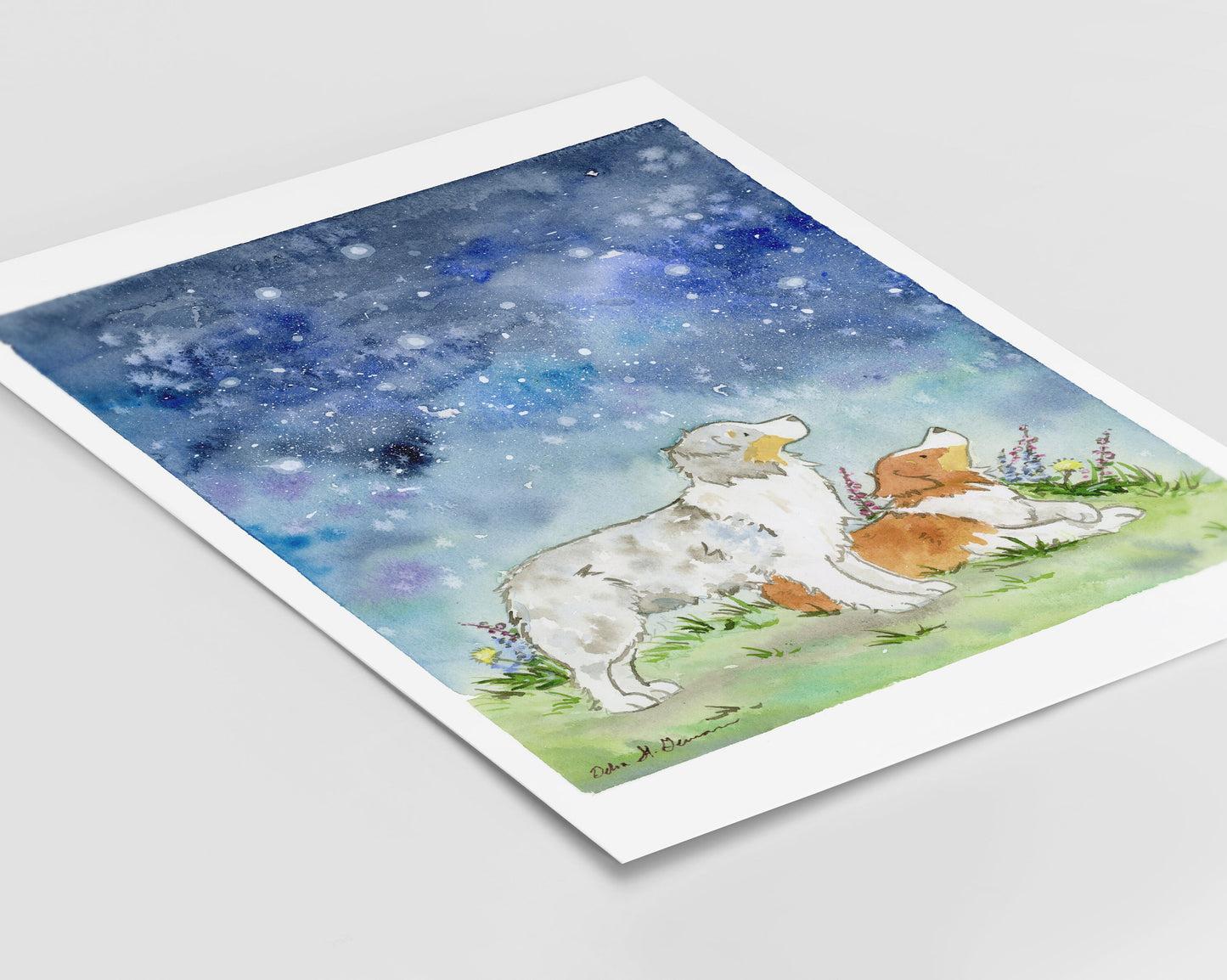 Australian Shepherd Art Print, Aussies and Starry Skies Watercolor