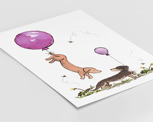 Dachshunds with Purple Balloons Art, Puppy Nursery Print
