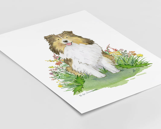 Sable Shetland Sheepdog with Flowers Watercolor Art Print, Gift for Sheltie Lovers