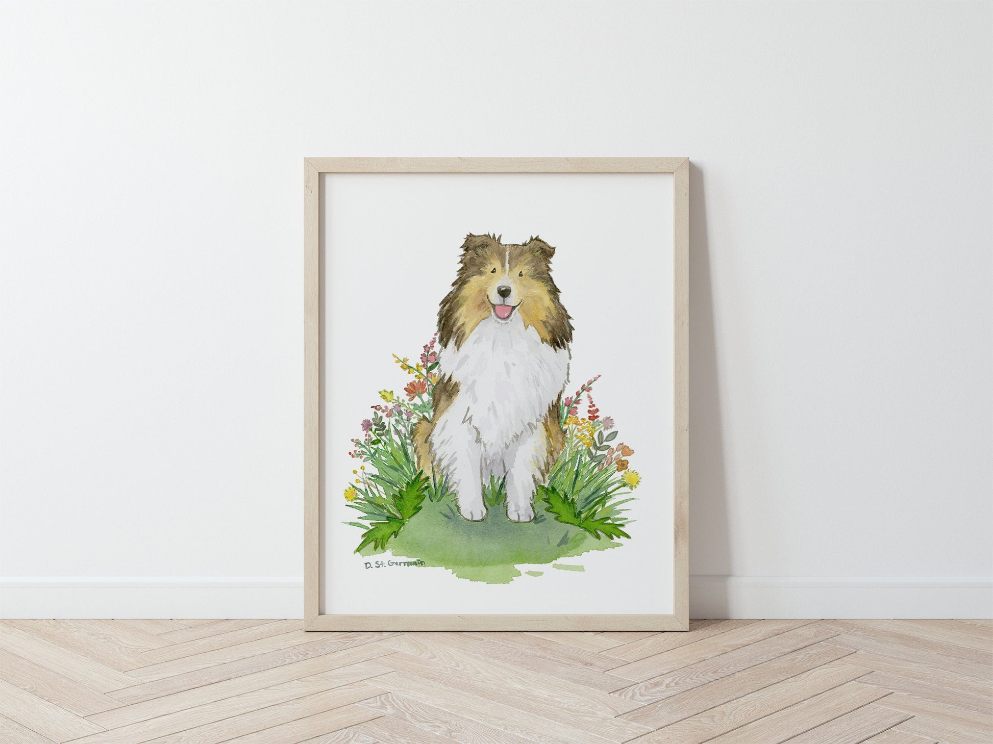 Sable Shetland Sheepdog with Flowers Watercolor Art Print, Gift for Sheltie Lovers