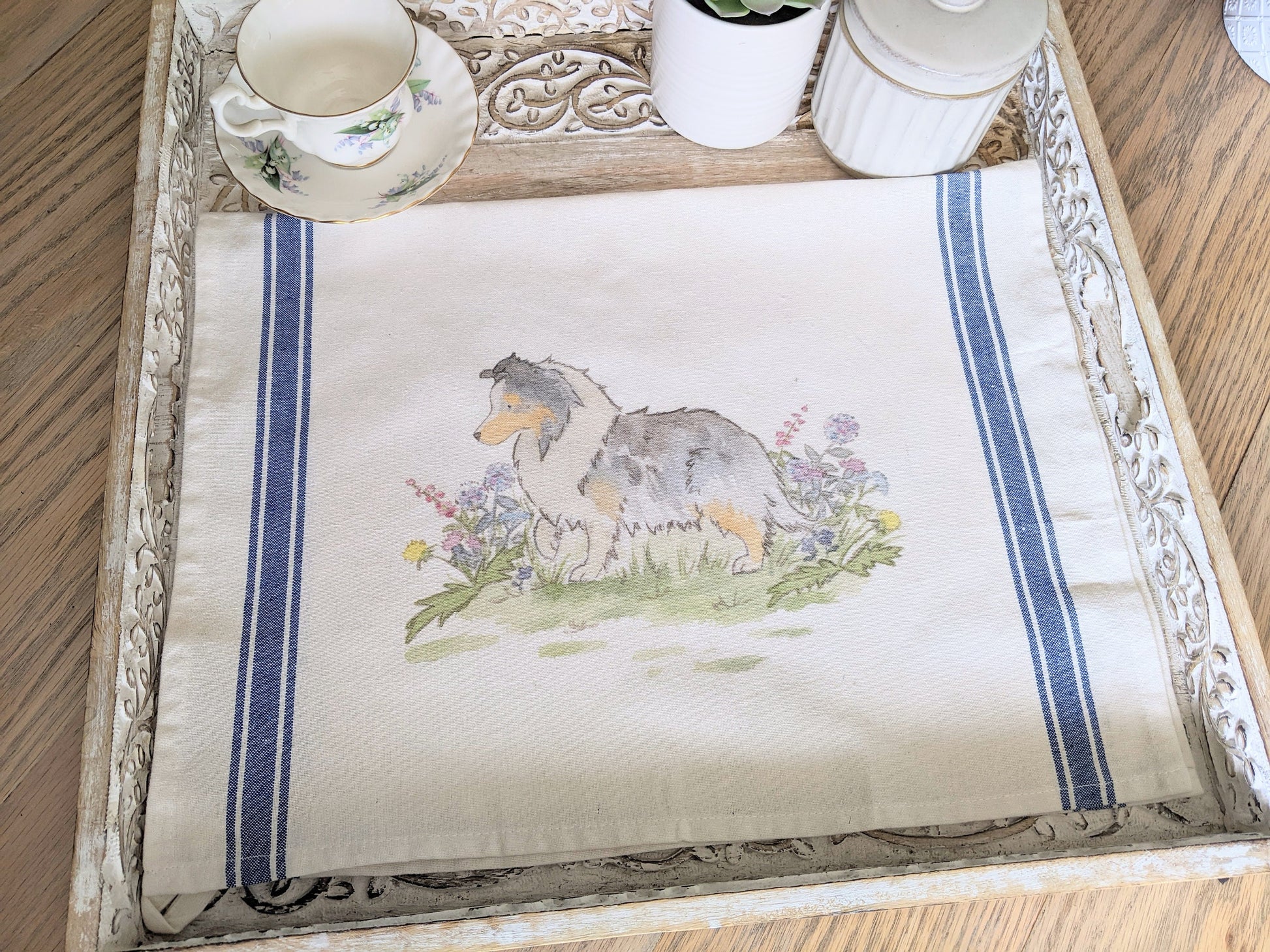 Shetland Sheepdog Tea Towel, Farmhouse Sheltie Towel, Ticking Stripe Towel, Blue Merle Sheltie Towel, Sheltie Gift, Gift for Sheltie Lovers