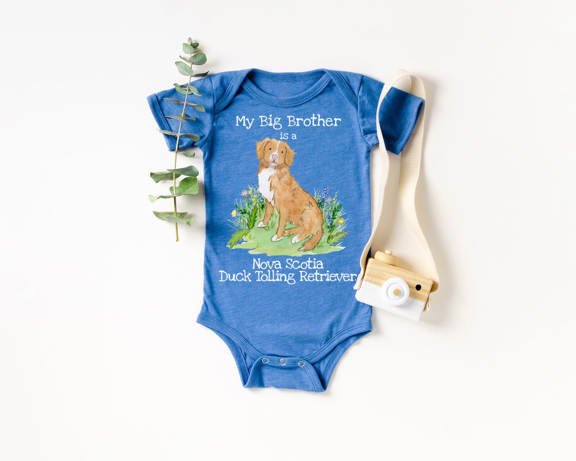 Baby one-piece bodysuit with cute artwork of a Nova Scotia Duck Tolling Retriever looking at a butterfly and the words, My big sister is a Nova Scotia Duck Tolling Retriever on it.