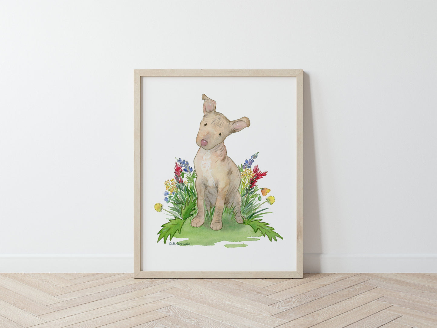 Watercolor painting of Xolo puppy and colorful wildflowers.