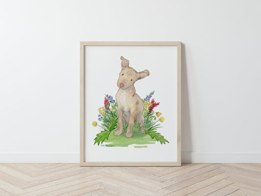 Watercolor painting of Xolo puppy and colorful wildflowers.