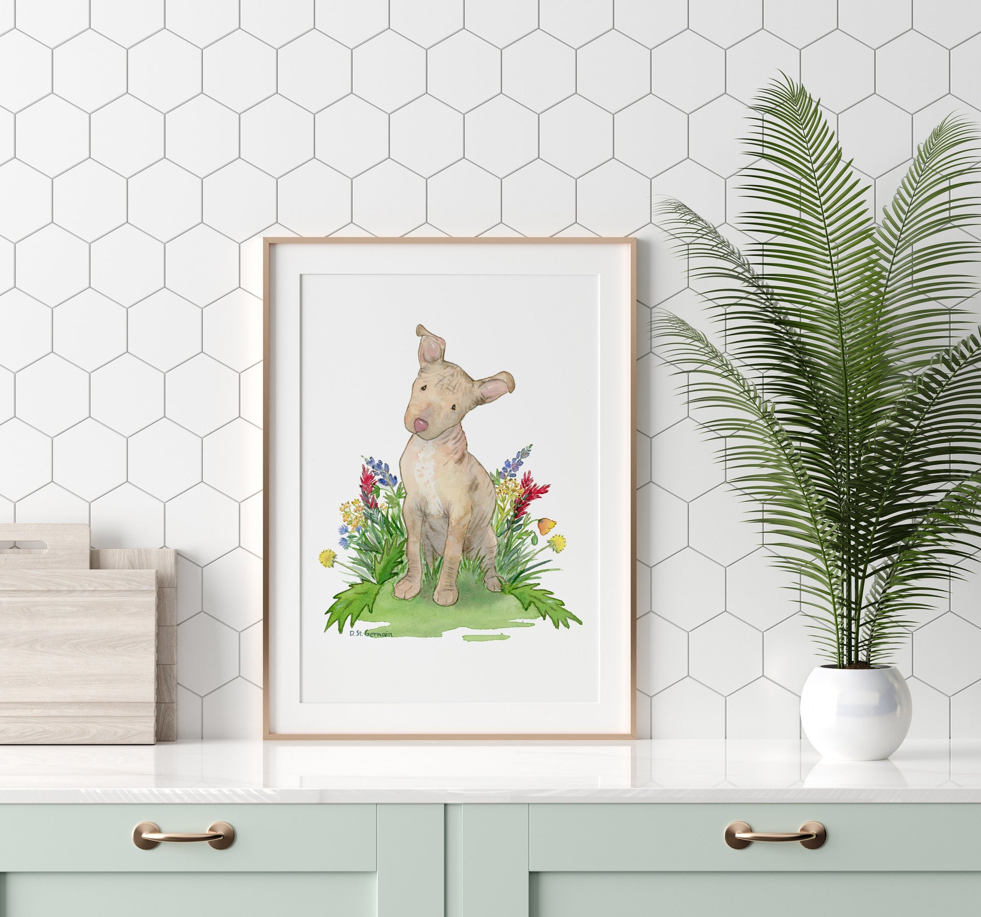Watercolor painting of Xolo puppy and colorful wildflowers.
