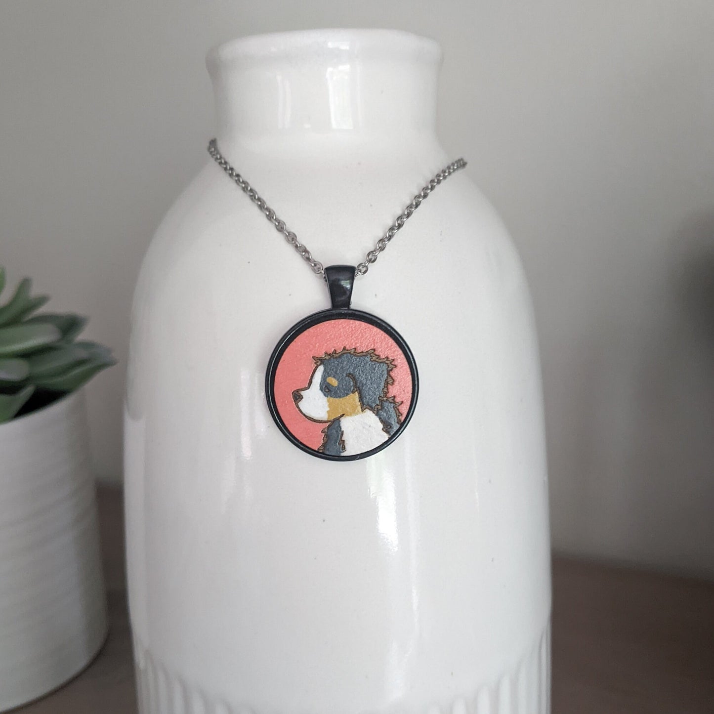 Coral Bernese mountain dog necklace