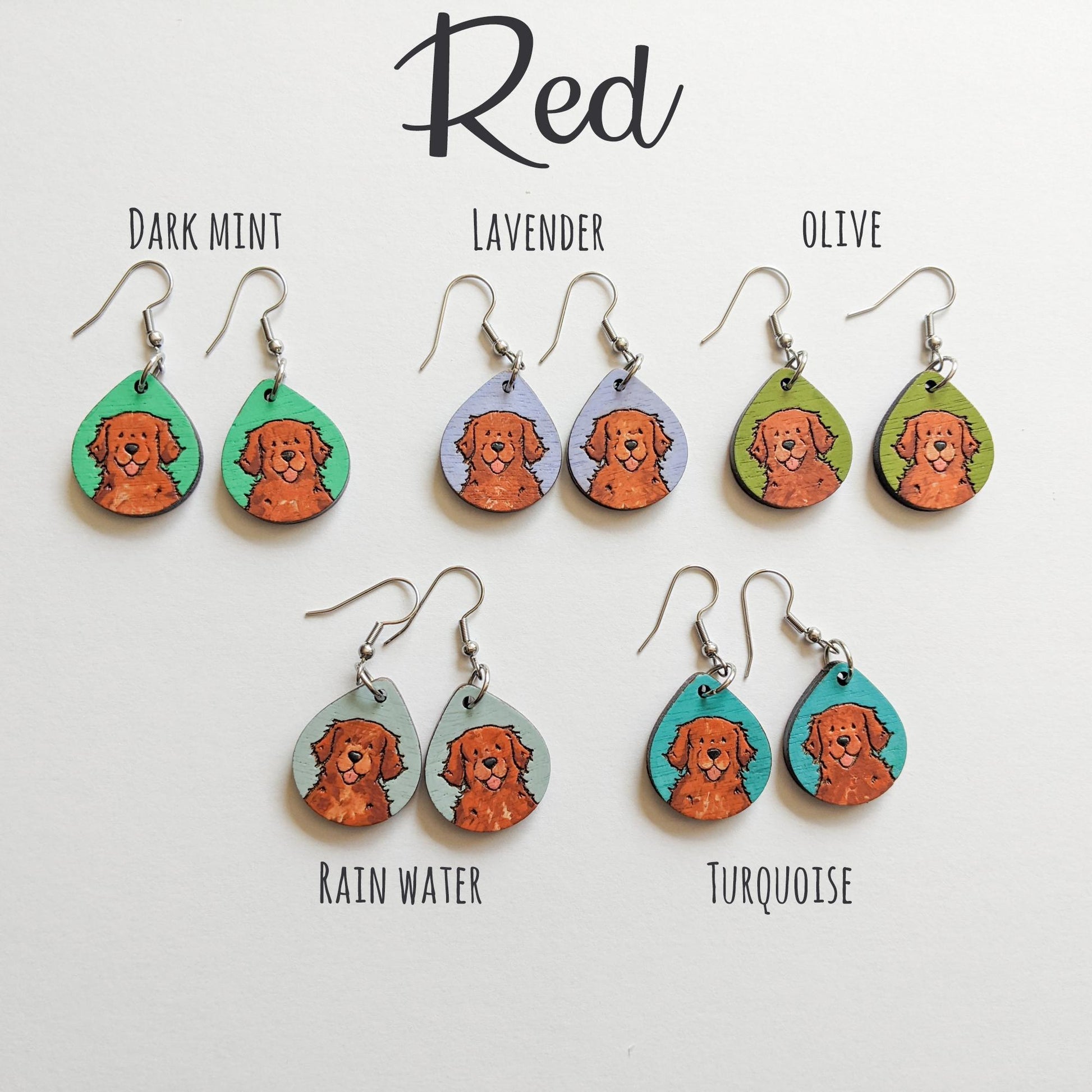 Laser cut golden retriever wood earrings in various colors