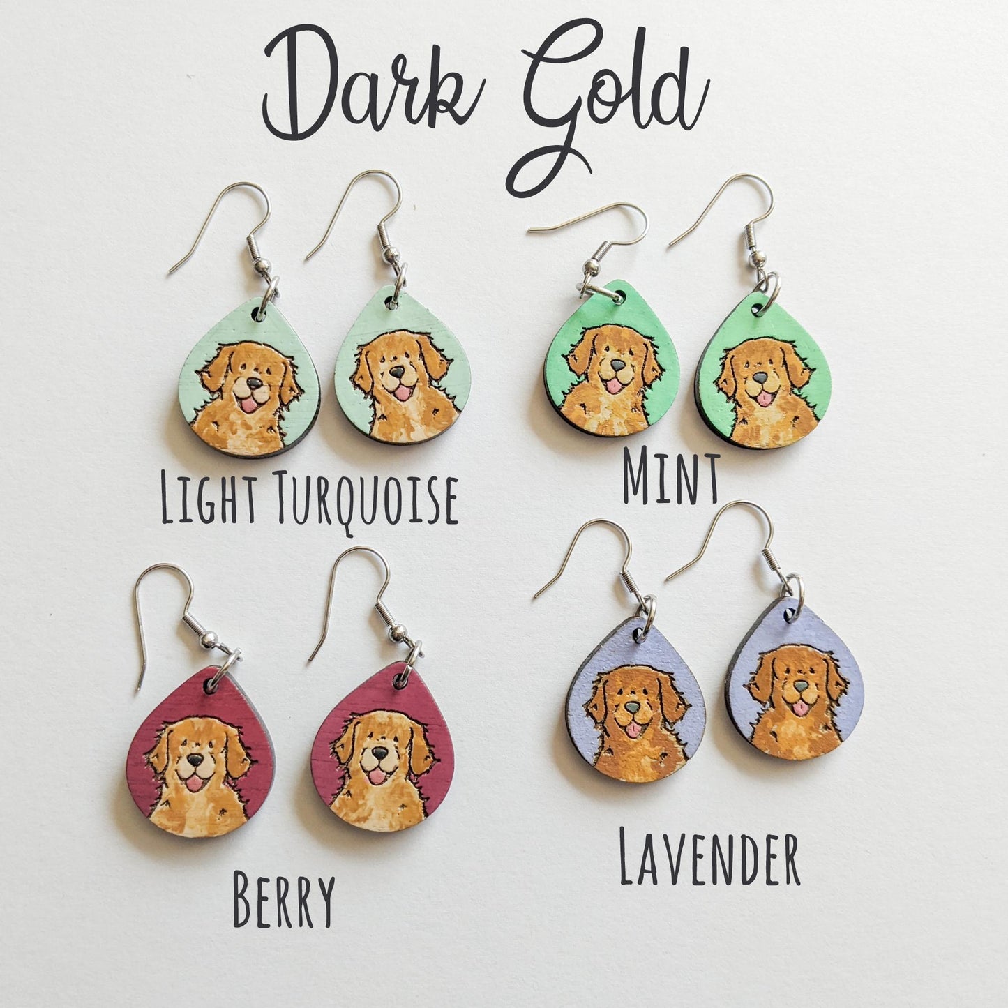 Laser cut golden retriever wood earrings in various colors