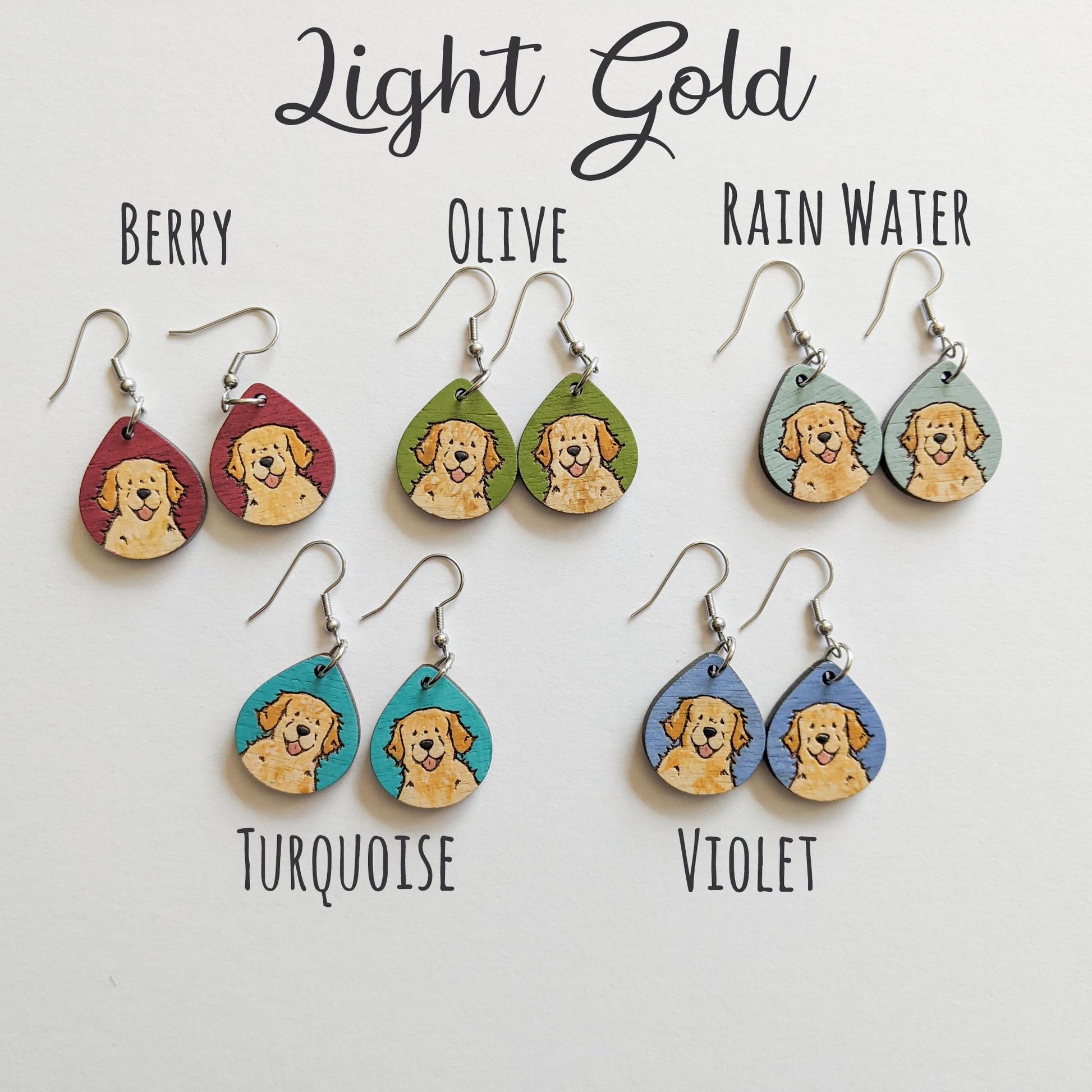 Laser cut golden retriever wood earrings in various colors