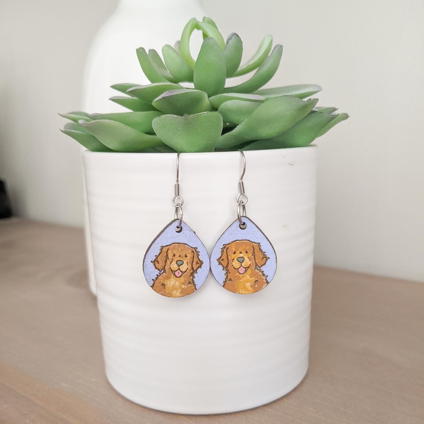 Laser cut golden retriever wood earrings