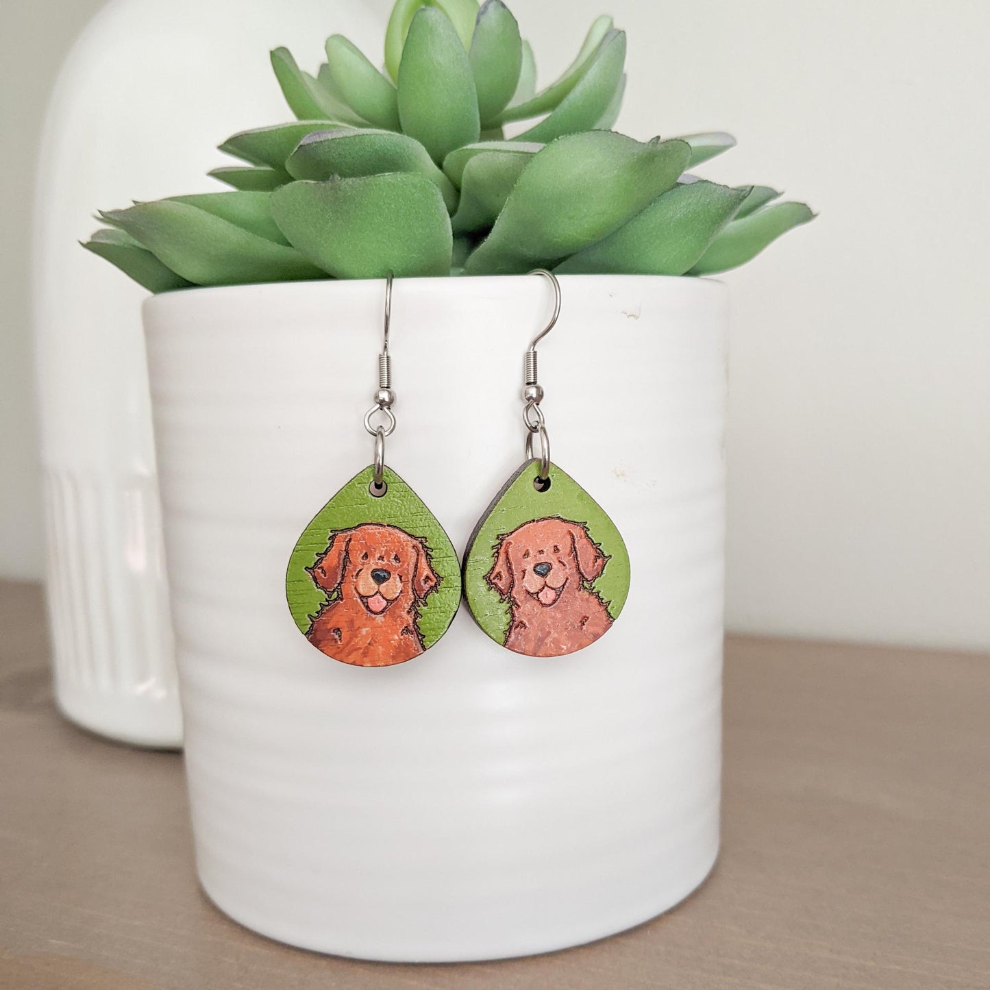 Laser cut golden retriever wood earrings