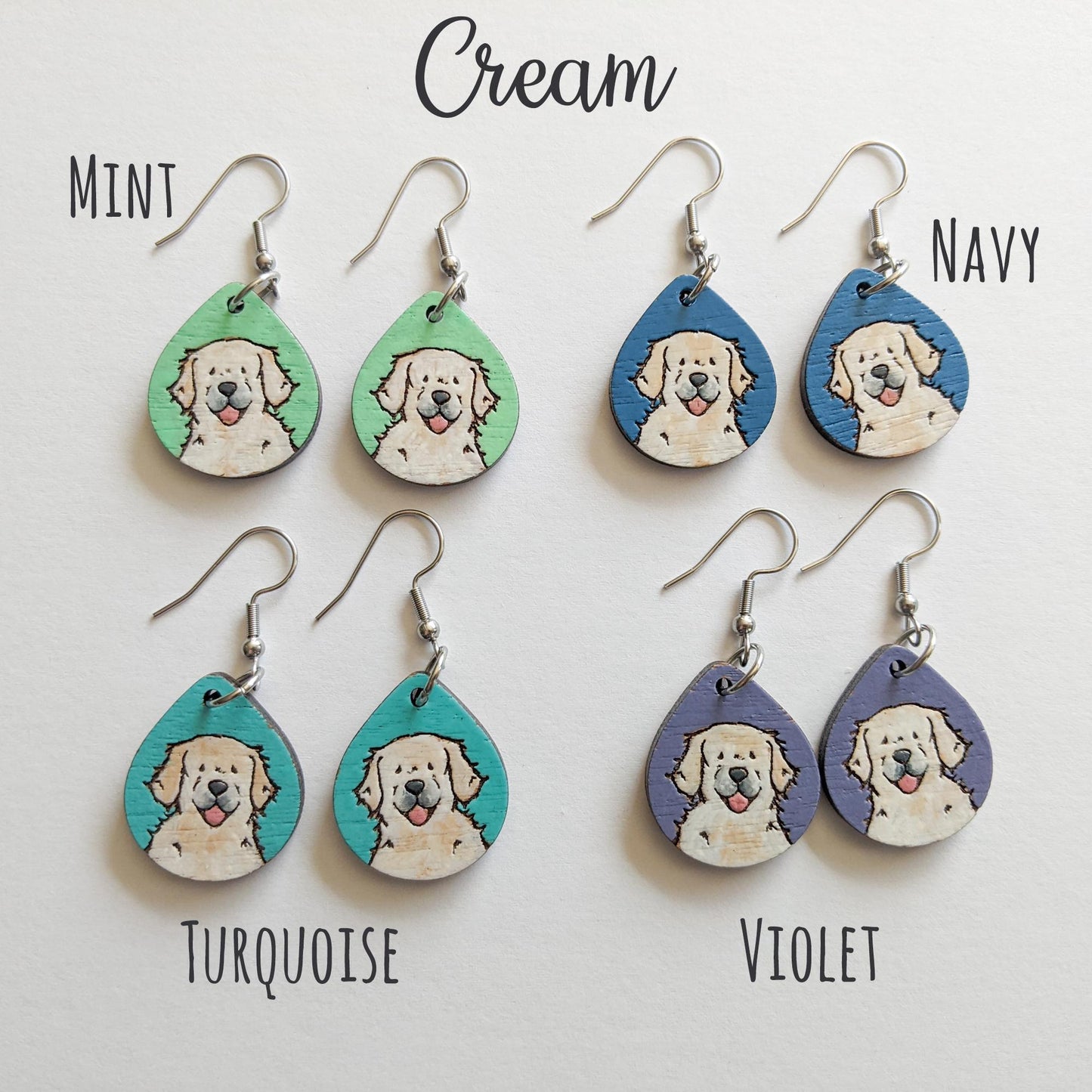 Laser cut golden retriever wood earrings in various colors