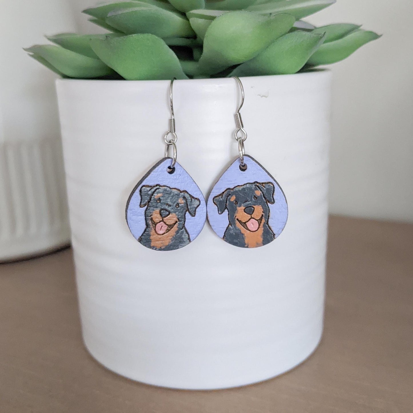 Rottweiler Earrings, Laser Engraved Wood Earrings, Hand painted Earrings, Rottweiler Gift, Rottie Lover Gift, Rottie Mom, Rottie Jewelry