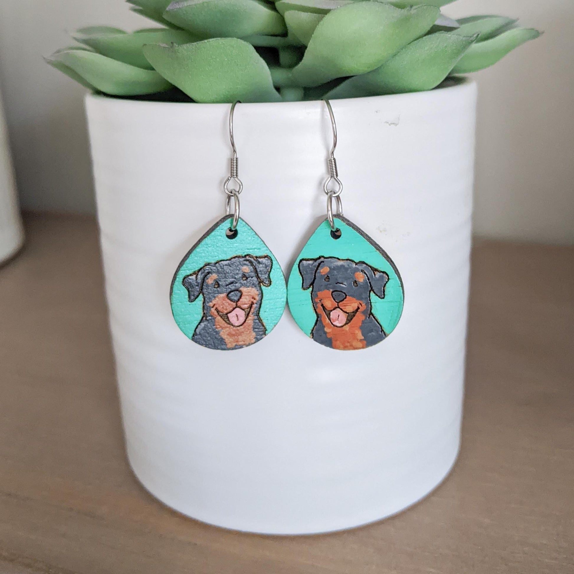 Rottweiler Earrings, Laser Engraved Wood Earrings, Hand painted Earrings, Rottweiler Gift, Rottie Lover Gift, Rottie Mom, Rottie Jewelry