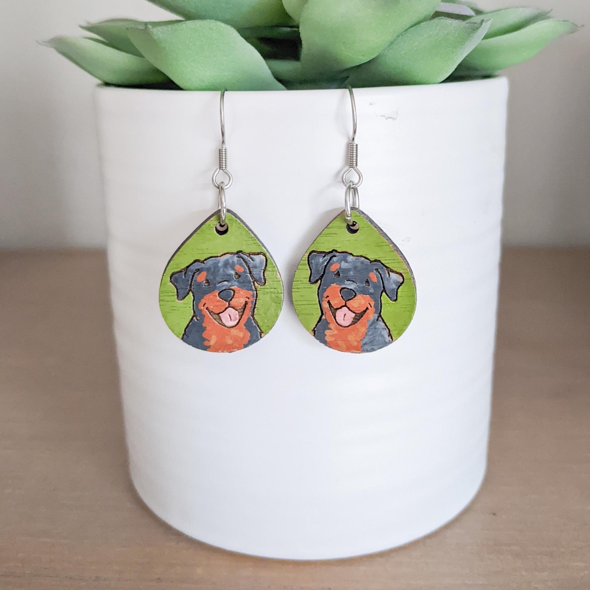 Rottweiler Earrings, Laser Engraved Wood Earrings, Hand painted Earrings, Rottweiler Gift, Rottie Lover Gift, Rottie Mom, Rottie Jewelry