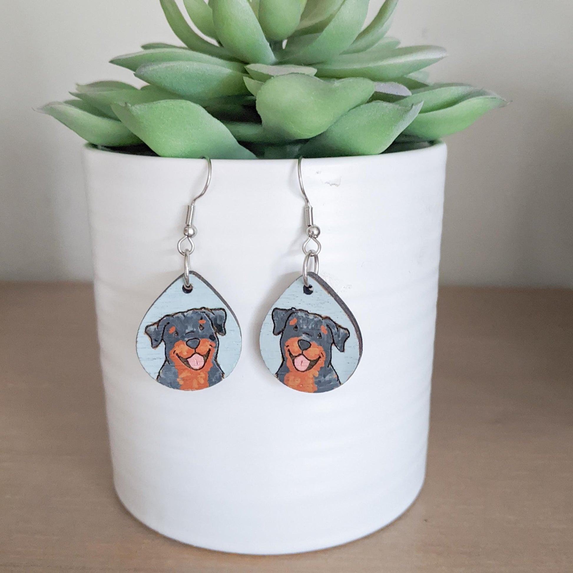 Rottweiler Earrings, Laser Engraved Wood Earrings, Hand painted Earrings, Rottweiler Gift, Rottie Lover Gift, Rottie Mom, Rottie Jewelry