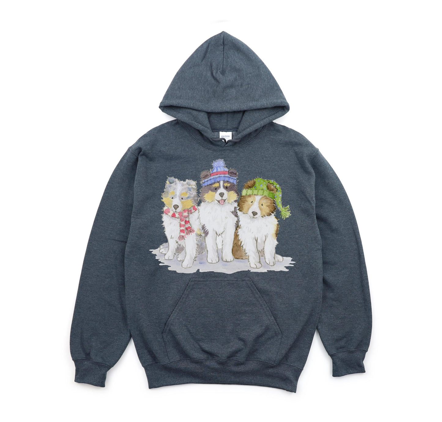 Hooded sweatshirt with three sheltie puppies wearing winter hats and scarves.