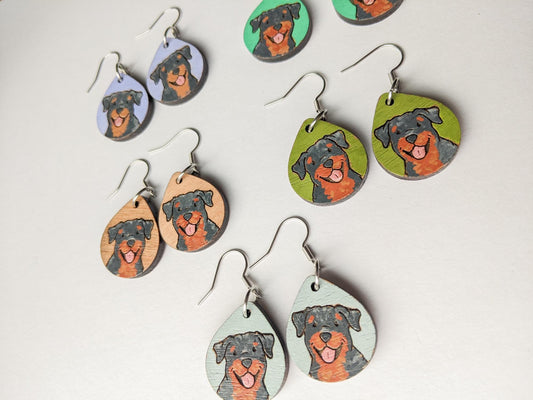 Rottweiler Earrings, Laser Engraved Wood Earrings, Hand painted Earrings, Rottweiler Gift, Rottie Lover Gift, Rottie Mom, Rottie Jewelry