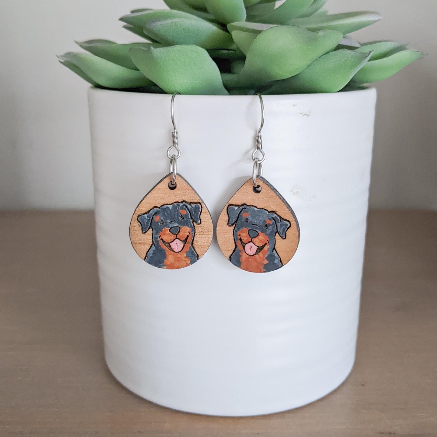 Rottweiler Earrings, Laser Engraved Wood Earrings, Hand painted Earrings, Rottweiler Gift, Rottie Lover Gift, Rottie Mom, Rottie Jewelry