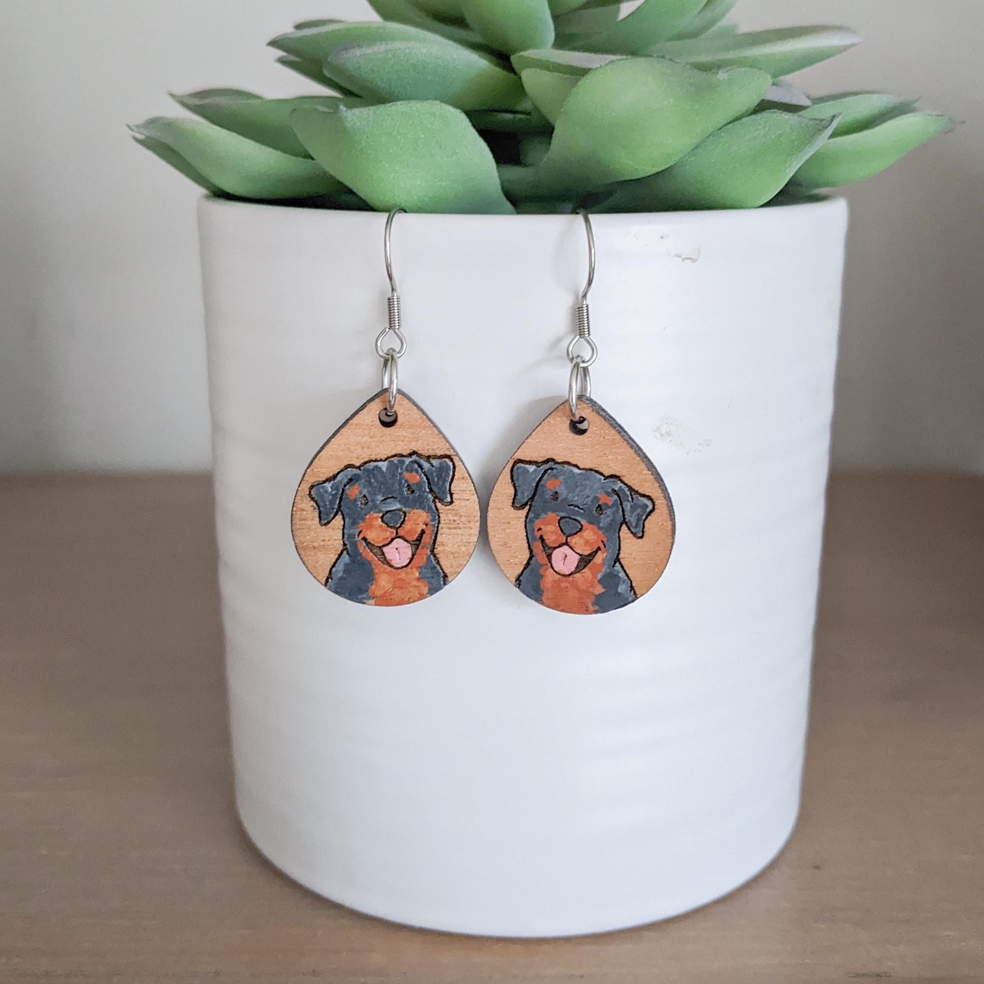 Rottweiler Earrings, Laser Engraved Wood Earrings, Hand painted Earrings, Rottweiler Gift, Rottie Lover Gift, Rottie Mom, Rottie Jewelry