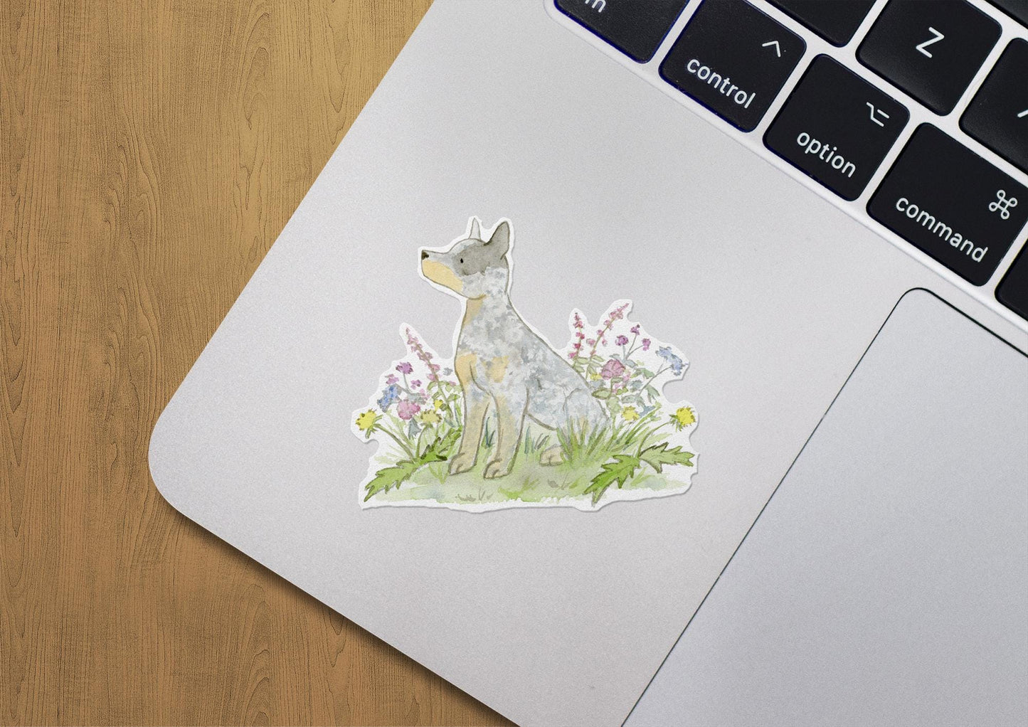 Blue heeler and flowers waterproof sticker on laptop