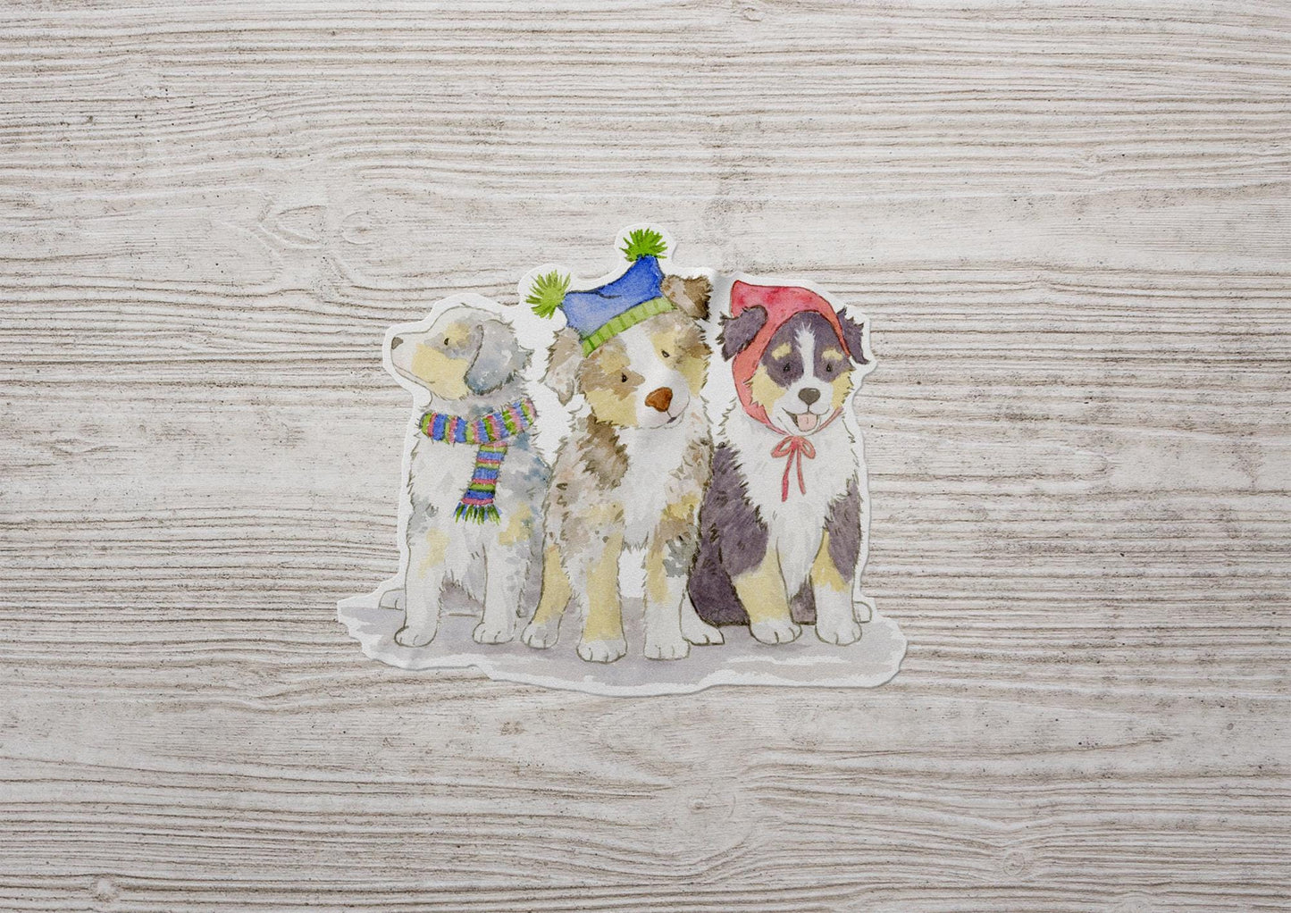 vinyl stickers with Australian Shepherd pups wearing festive hats and scarves